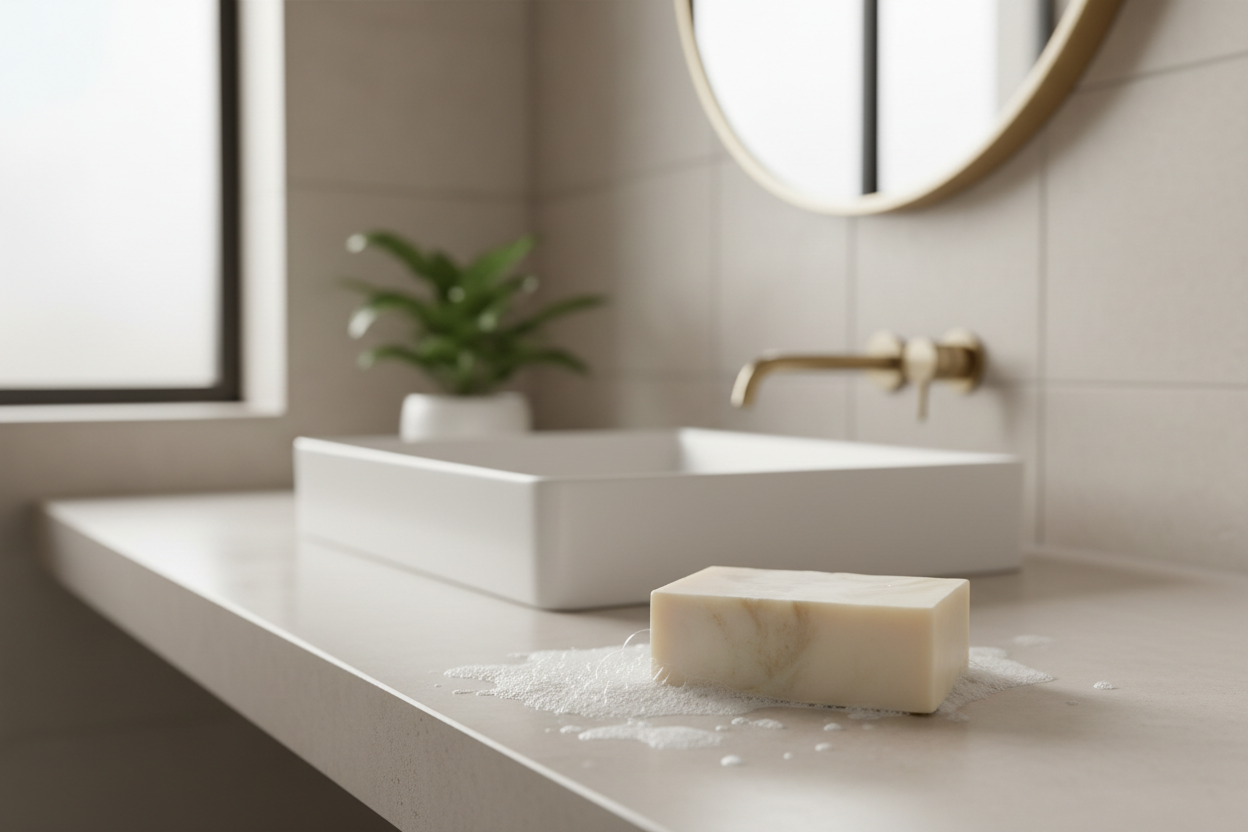 rectanglaur bar of soap no logo, near bathroom sink with bubbles