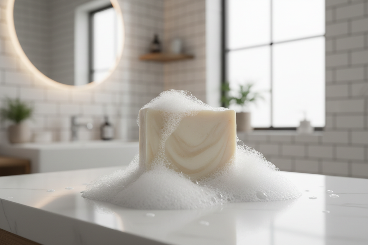 rectangle soap bar without logo on bathroom sink with bubbles