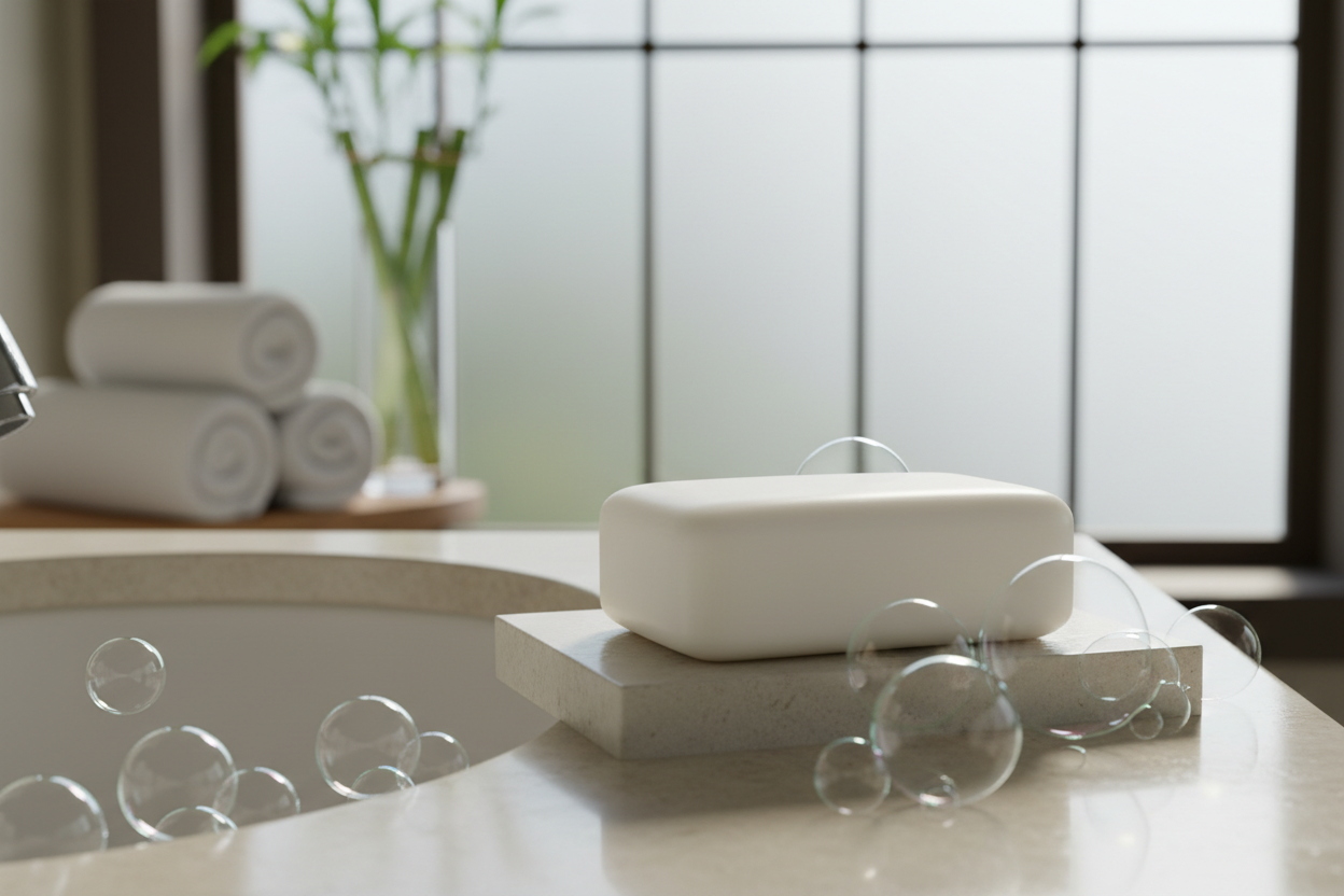 rectangular soap bar no logo, near bathroom sink with bubbles
