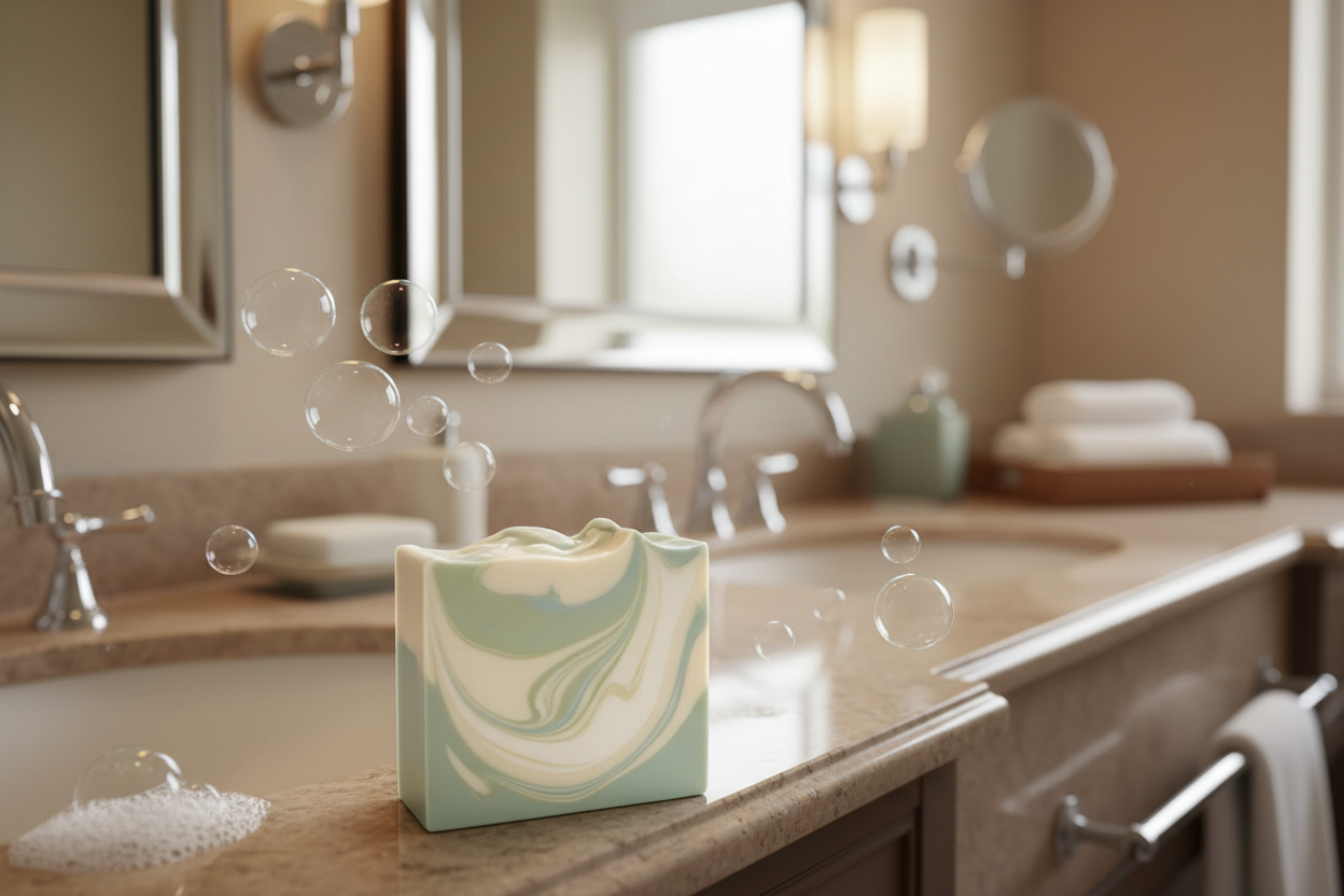 rectangular soap bar with swirls and without logo near bathroom sink with bubbles
